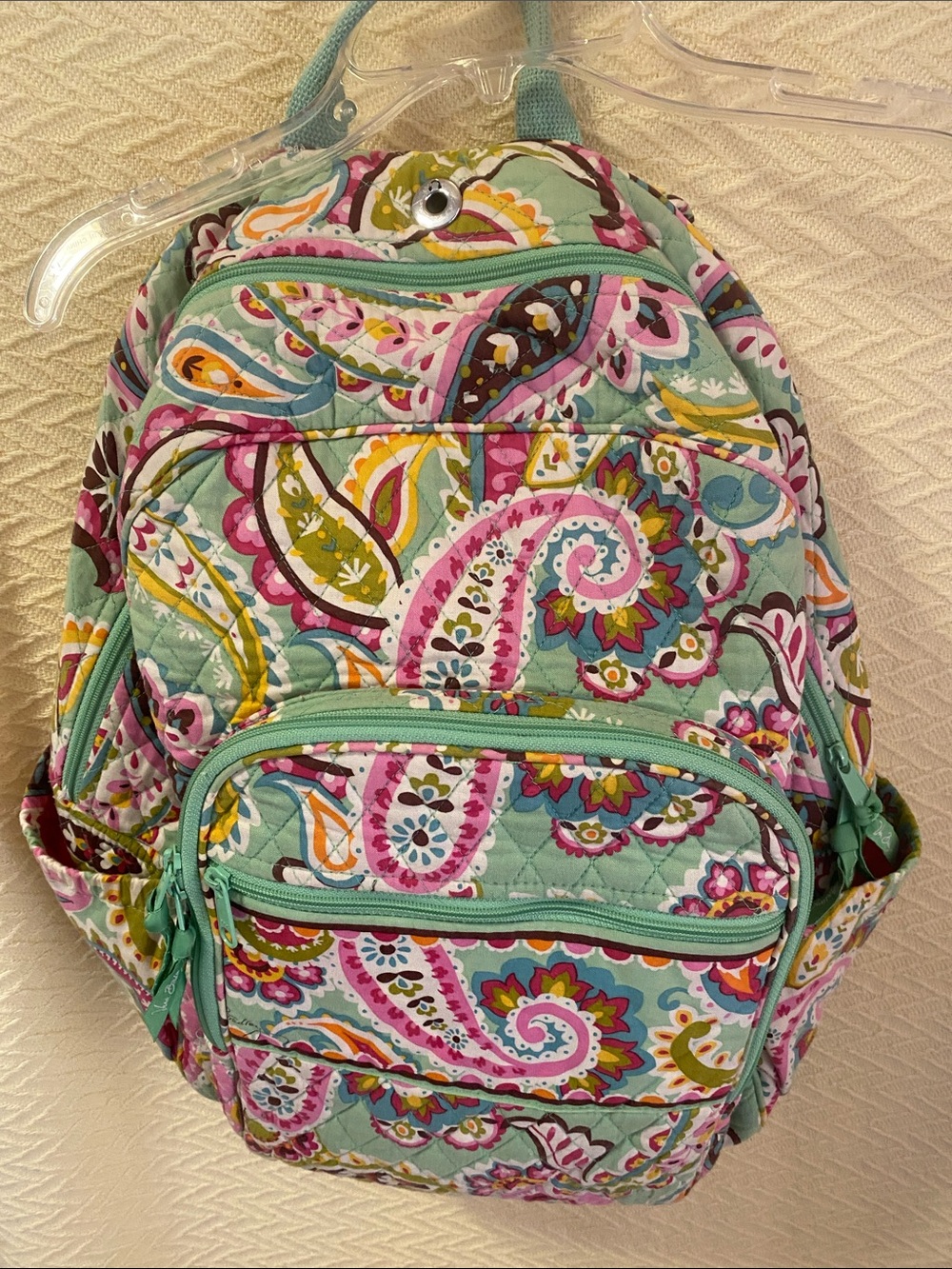 Vera Bradley Quilted Paisley Backpack in Aqua with Pink, Yellow & Brown Accents